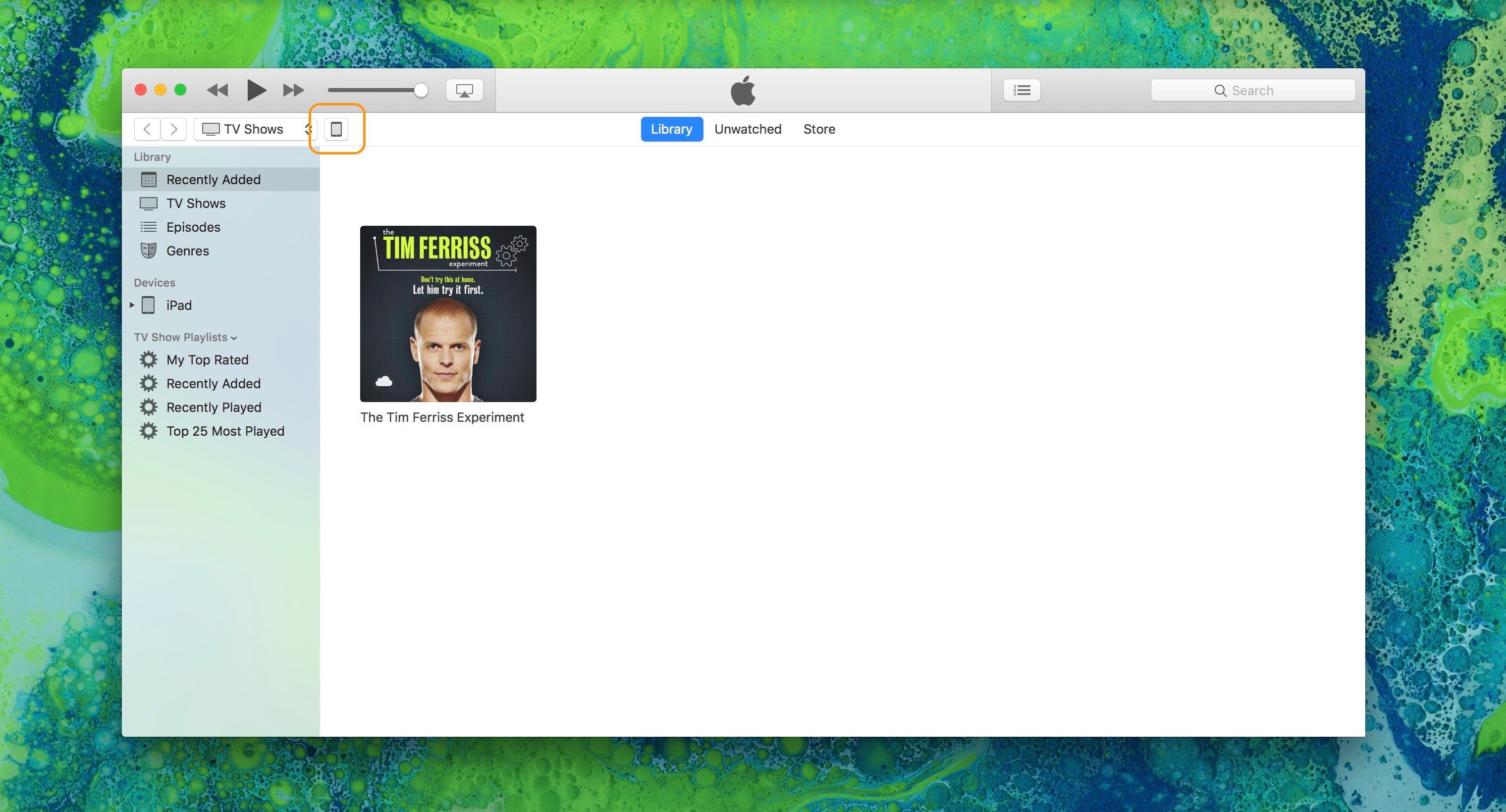 Изображение, показывающее значок iPad в iTunes, чтобы открыть итоговую страницу iPad