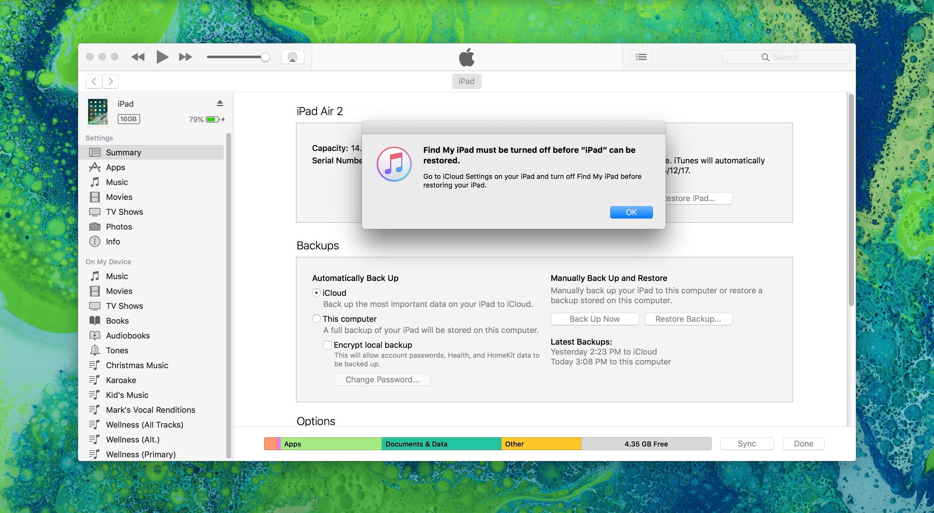 Изображение, показывающее Отключение предупреждения «Найти мой iPad» перед восстановлением из iTunes Backup