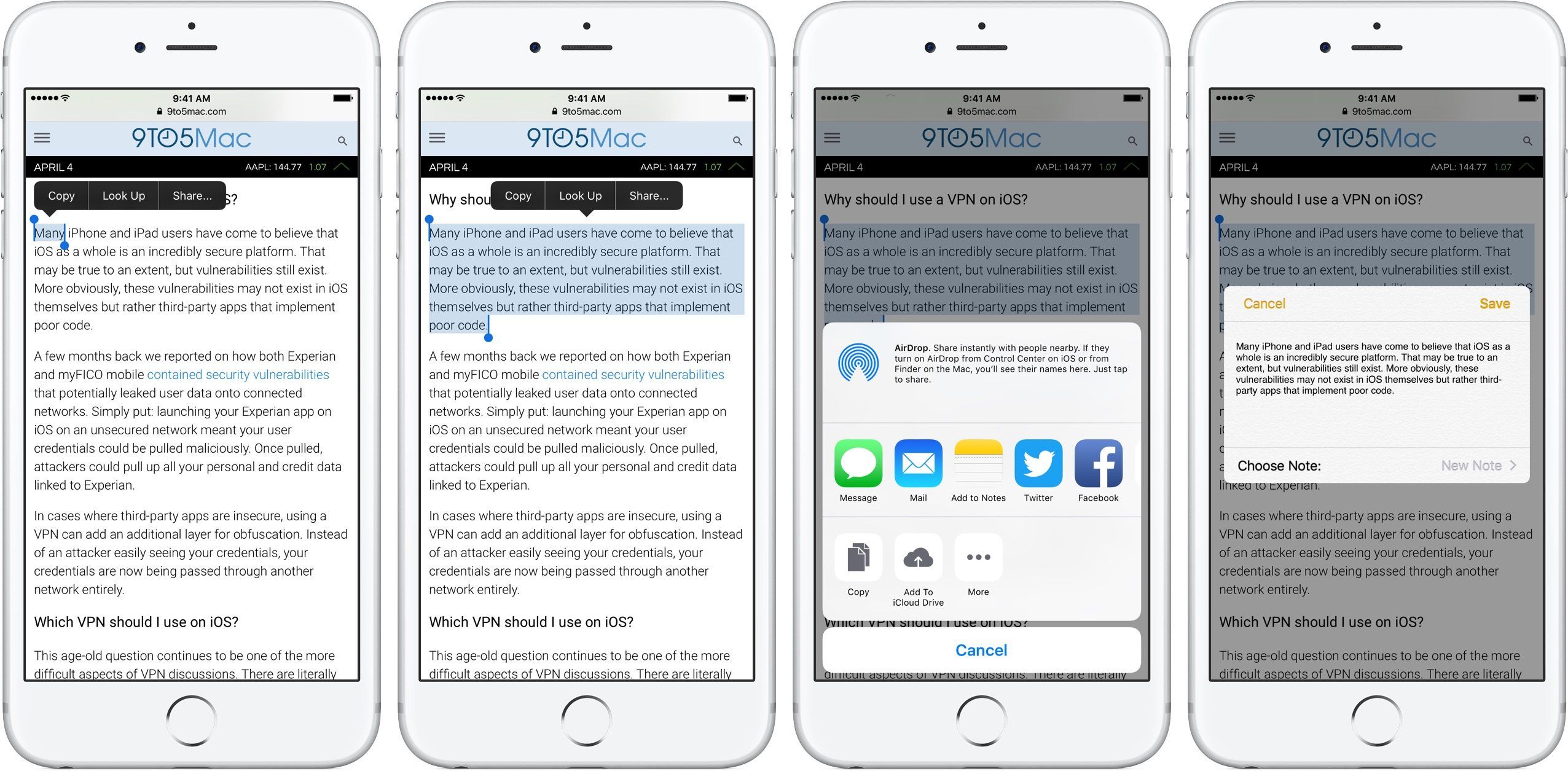 Изображение, показывающее выделение текста и использование опции обмена в iOS