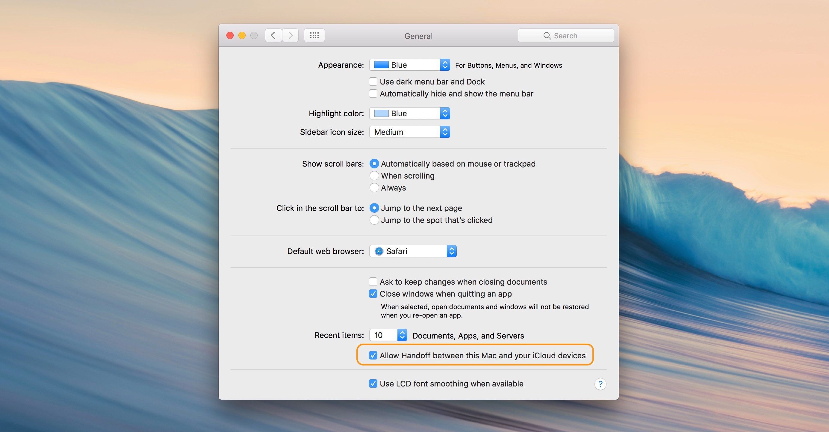 Изображение, показывающее настройку передачи обслуживания в системных настройках macOS в разделе «Общие»
