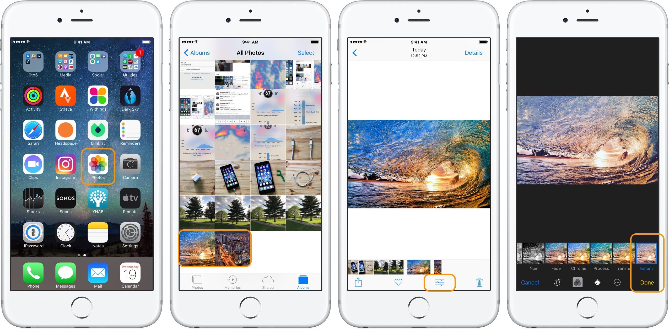Изображение, показывающее приложение «Фотографии» на iPhone и синхронизированные загруженные фотографии