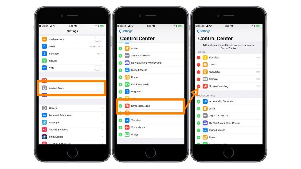 iOS 11 Settings Enabling Screen Recording in Control Center