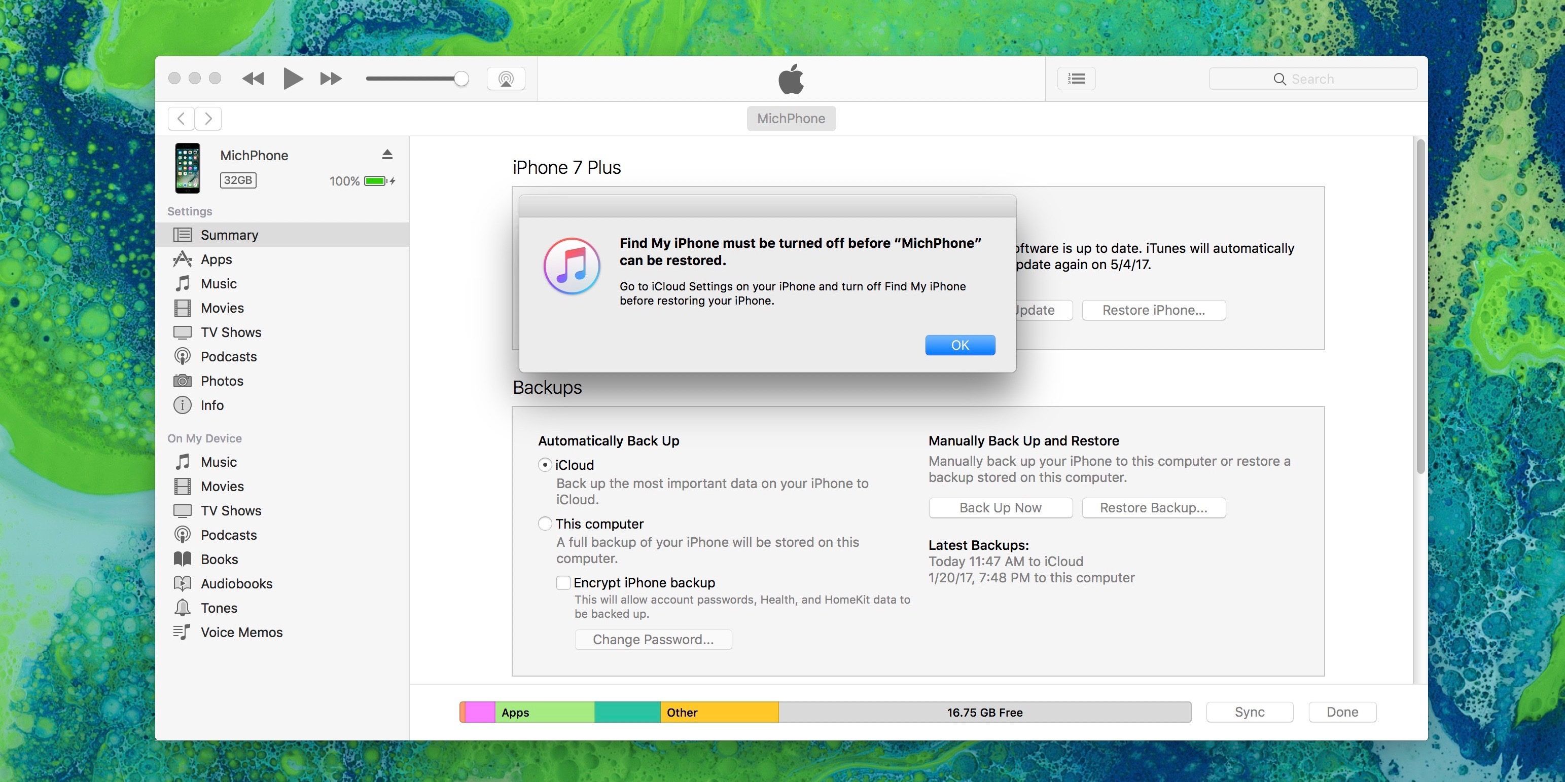 Изображение, показывающее отключение Найти предупреждение моего iPhone перед восстановлением из iTunes Backup