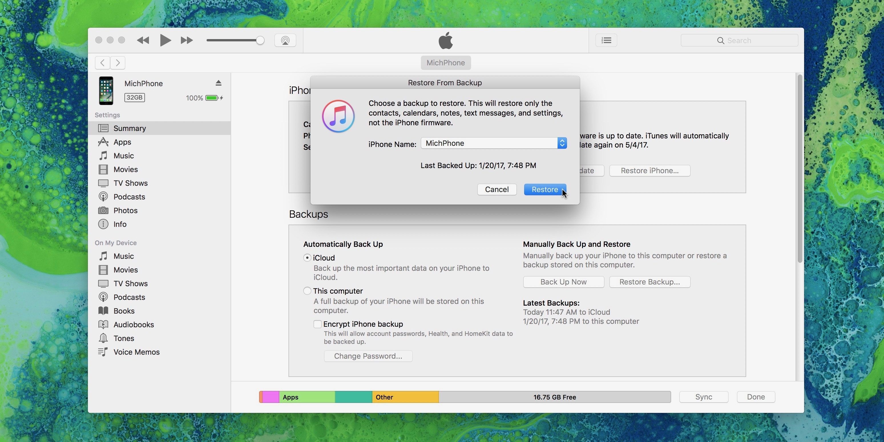 Изображение, показывающее, как восстановить из iTunes Backup