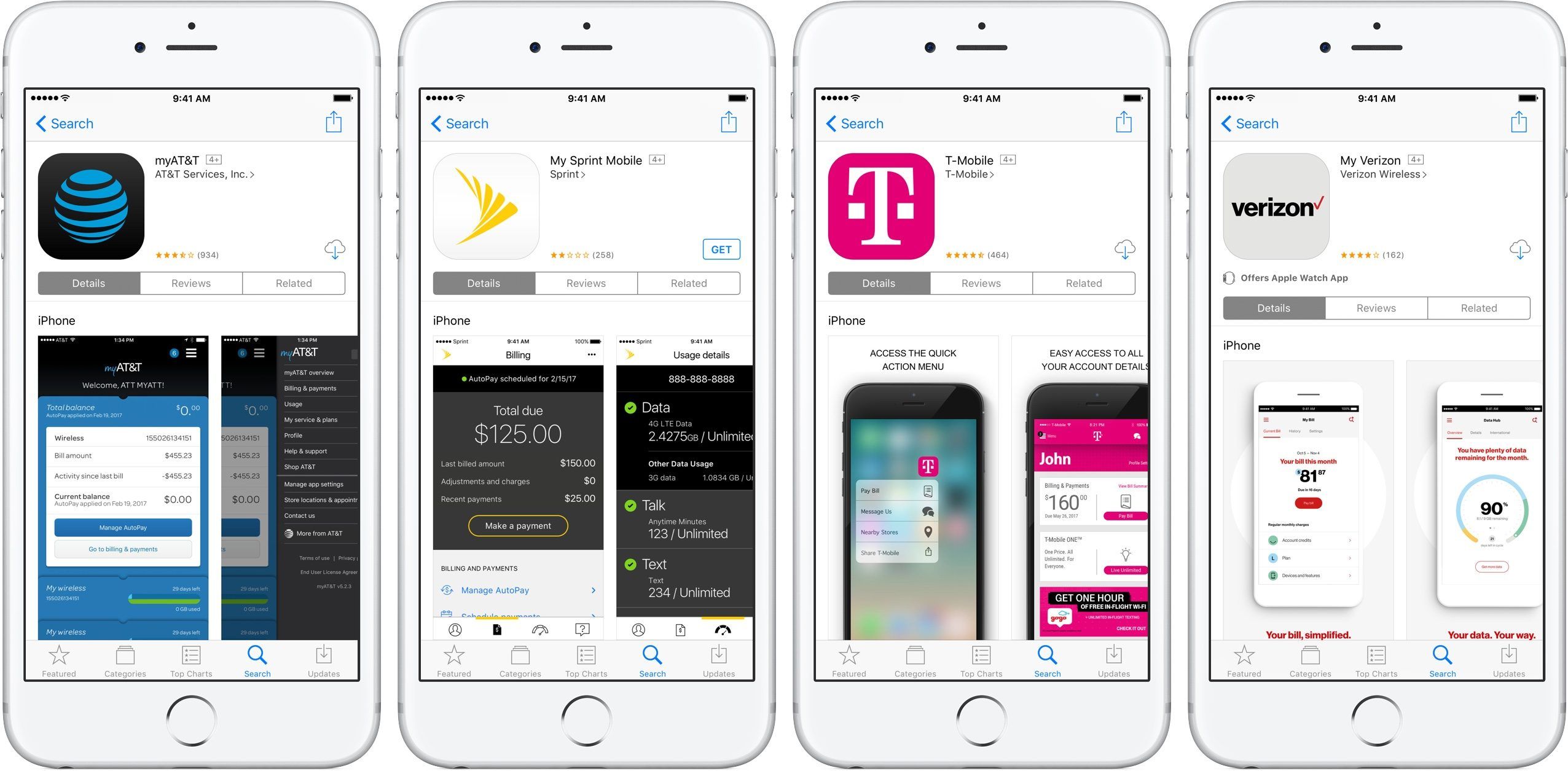 Изображение, показывающее приложения iOS для AT & T, Sprint, T-Mobile и Verizon
