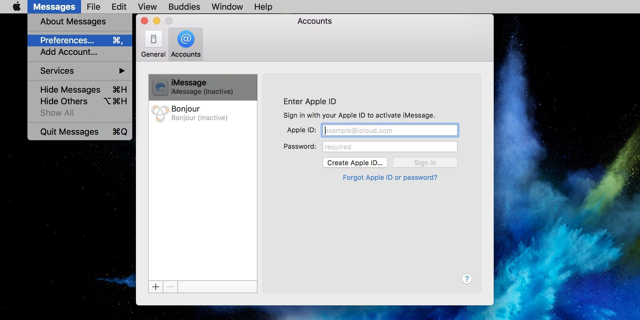 Изображение, показывающее, как войти в систему с помощью Apple ID для iMessage в настройках сообщений