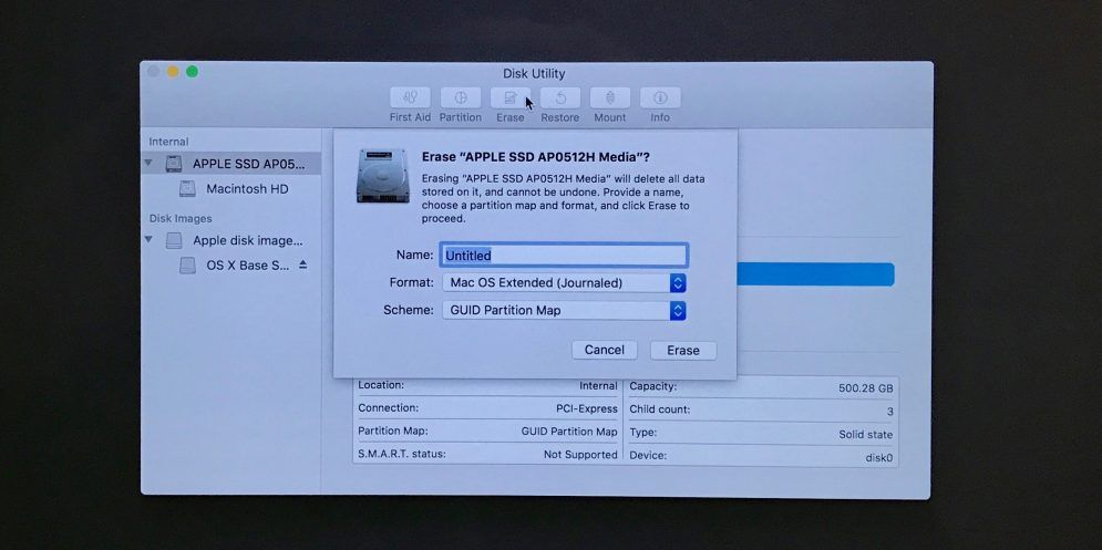 Image showing how to erase a startup disk in Disk Utility in macOS Recovery