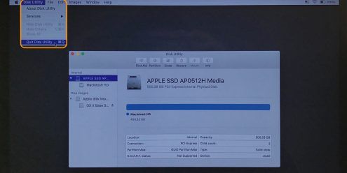Image showing how to quit Disk Utility in macOS Recover using the menu bar